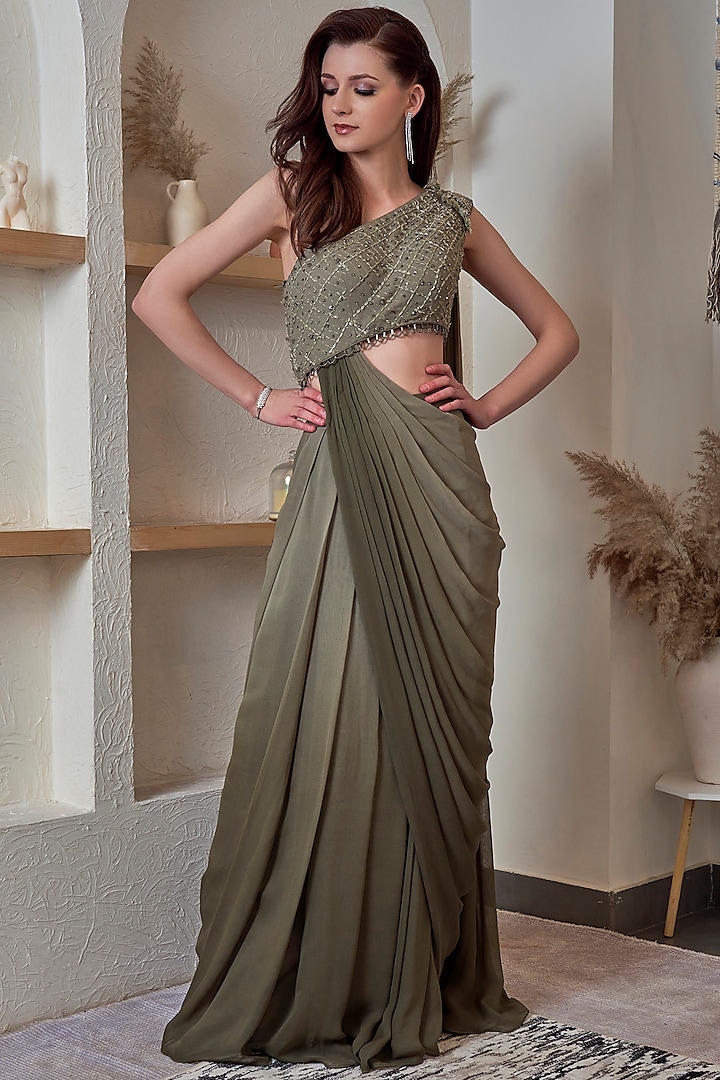 Olive Hand Embroidered Ombre Gown Saree by Jade by Ashima