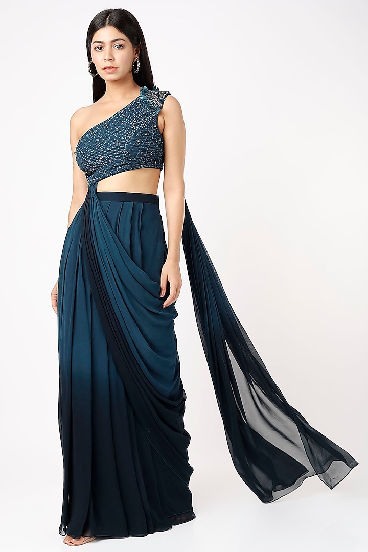 Deep Turquoise Ombre One-Shoulder Draped Gown by Jade By Ashima