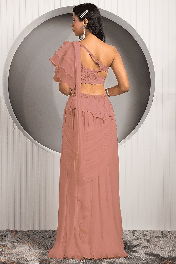 Rust Peach Crepe & Georgette Flared Skirt Set by Jade by Ashima at Pernia's Pop Up Shop
