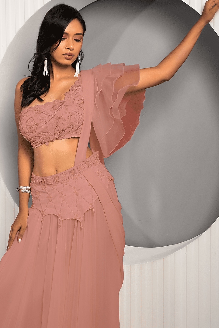 Rust Peach Crepe & Georgette Flared Skirt Set by Jade by Ashima at Pernia's Pop Up Shop