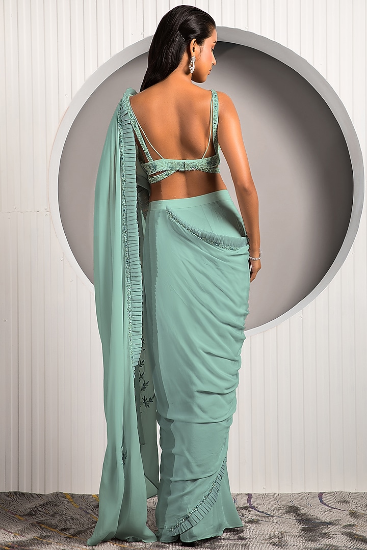 Light Green Georgette & Crepe Embroidered Pleated Draped Wedding Saree Set by Jade by Ashima at Pernia's Pop Up Shop
