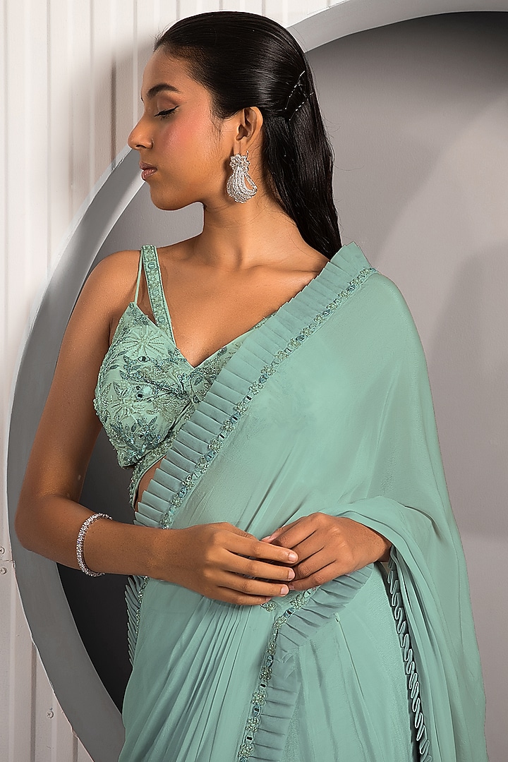 Light Green Georgette & Crepe Embroidered Pleated Draped Wedding Saree Set by Jade by Ashima at Pernia's Pop Up Shop