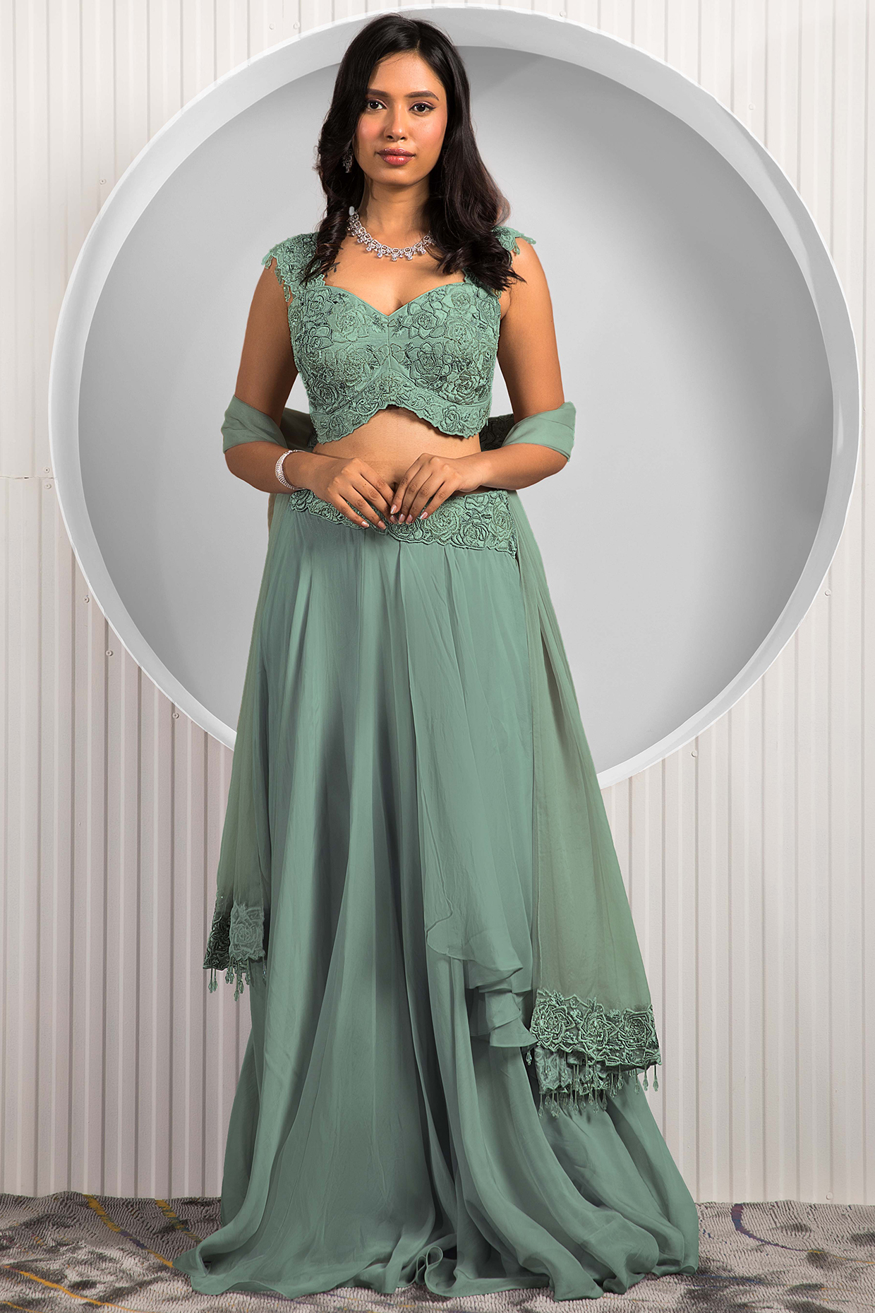 Green Georgette & Crepe Draped Flared Skirt Set by Jade by Ashima at Pernia's Pop Up Shop