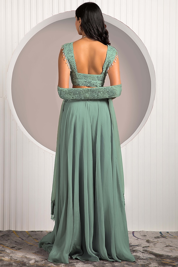 Green Georgette & Crepe Draped Flared Skirt Set by Jade by Ashima at Pernia's Pop Up Shop