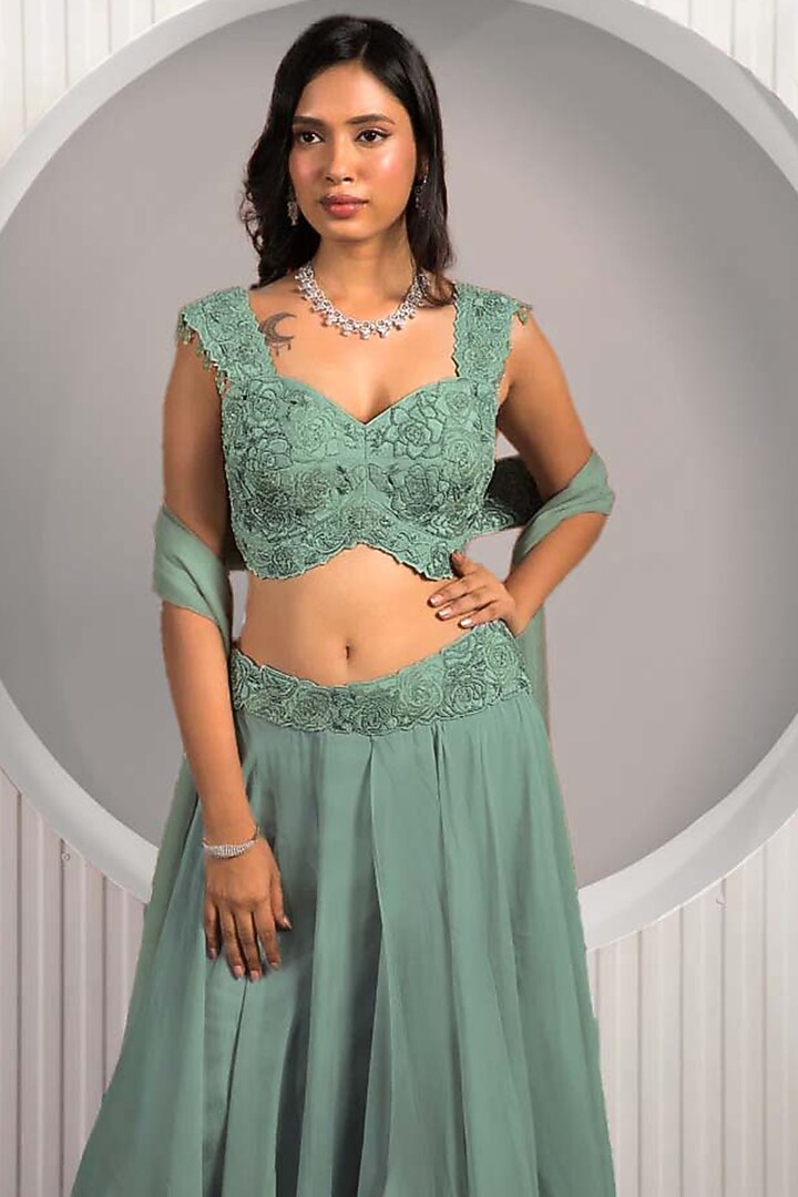 Green Georgette & Crepe Draped Flared Skirt Set by Jade by Ashima at Pernia's Pop Up Shop