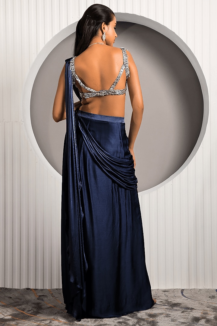Steel Blue Satin Embroidered Pleated Draped Wedding Saree Set by Jade by Ashima at Pernia's Pop Up Shop