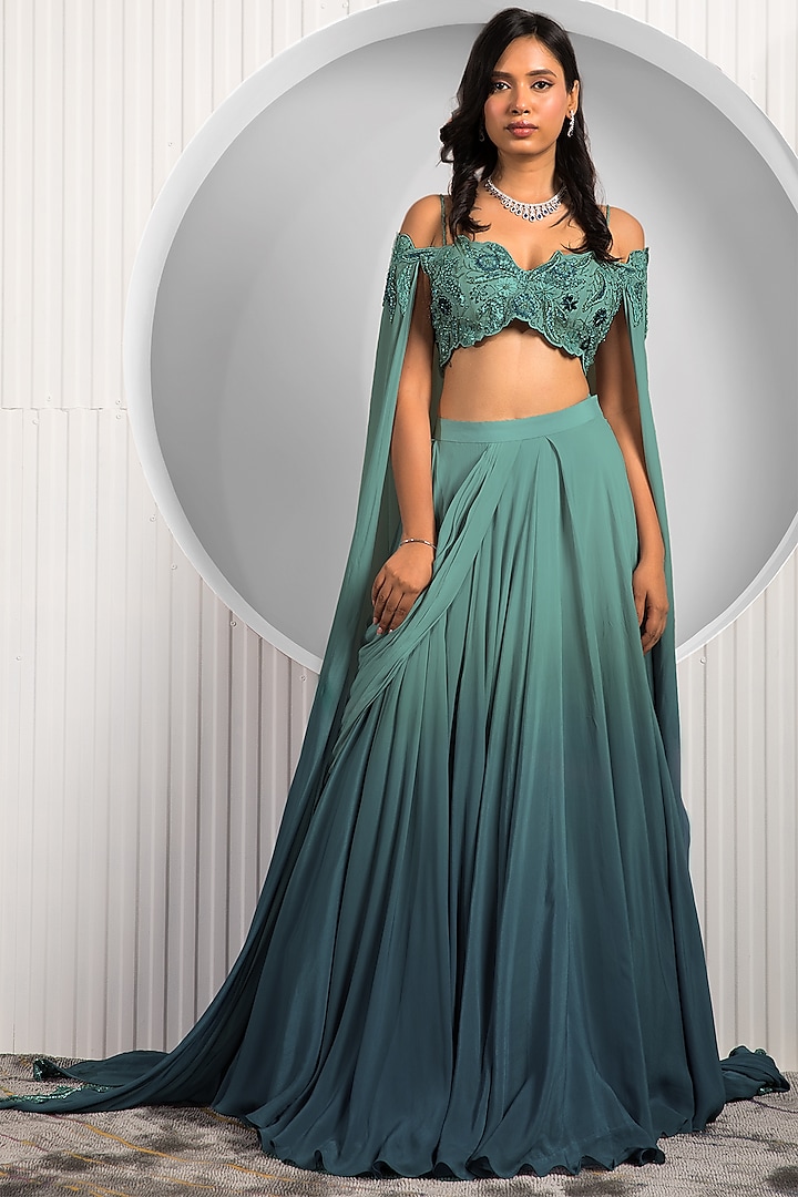 Green & Teal Ombre Crepe Box Pleated Flared Skirt Set by Jade By Ashima