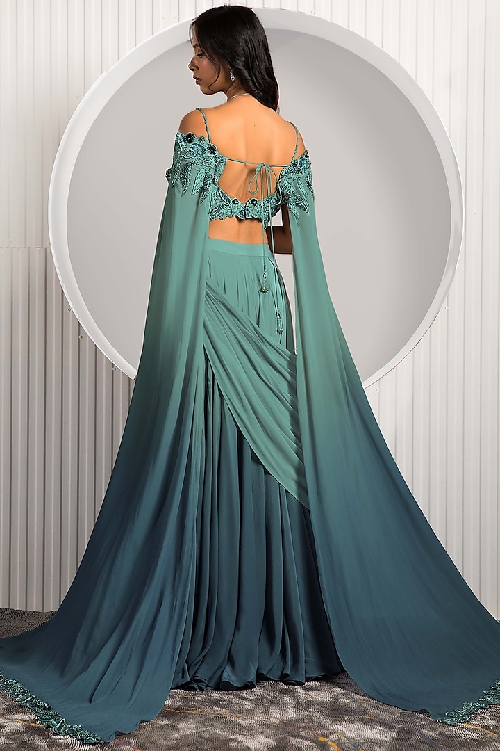 Green & Teal Ombre Crepe Box Pleated Flared Skirt Set by Jade by Ashima at Pernia's Pop Up Shop