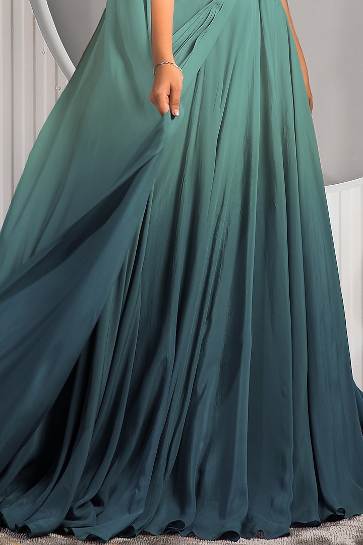 Green & Teal Ombre Crepe Box Pleated Flared Skirt Set by Jade by Ashima at Pernia's Pop Up Shop