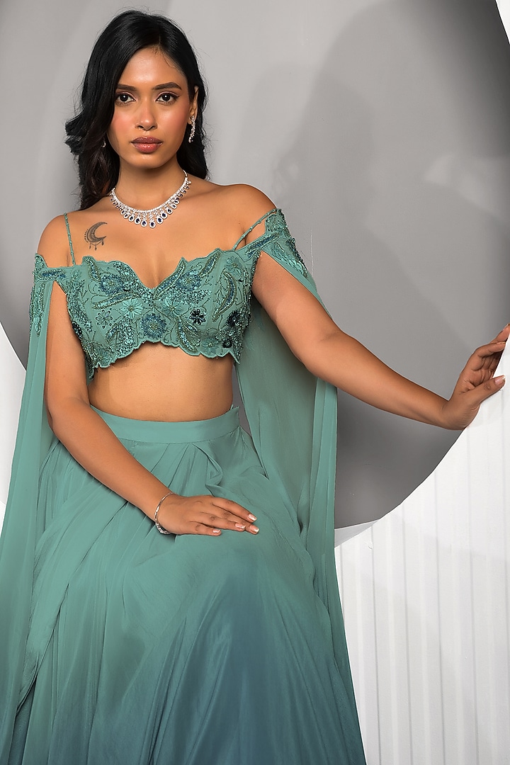 Green & Teal Ombre Crepe Box Pleated Flared Skirt Set by Jade by Ashima at Pernia's Pop Up Shop