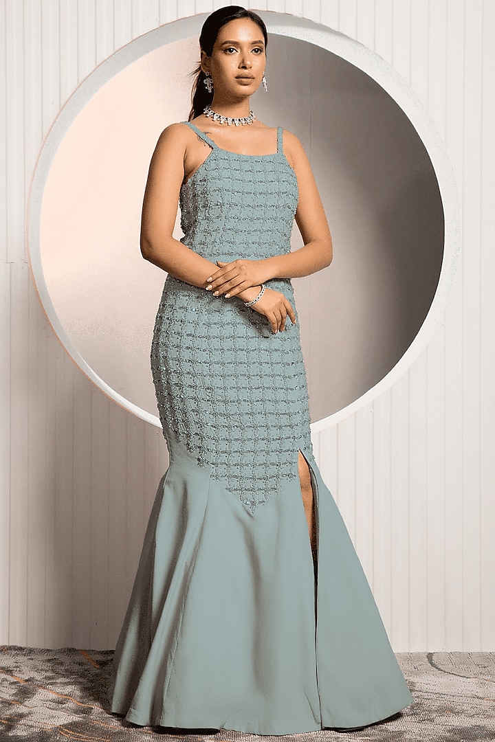 Opal Blue Crepe Embroidered Fish-Cut Gown by Jade by Ashima