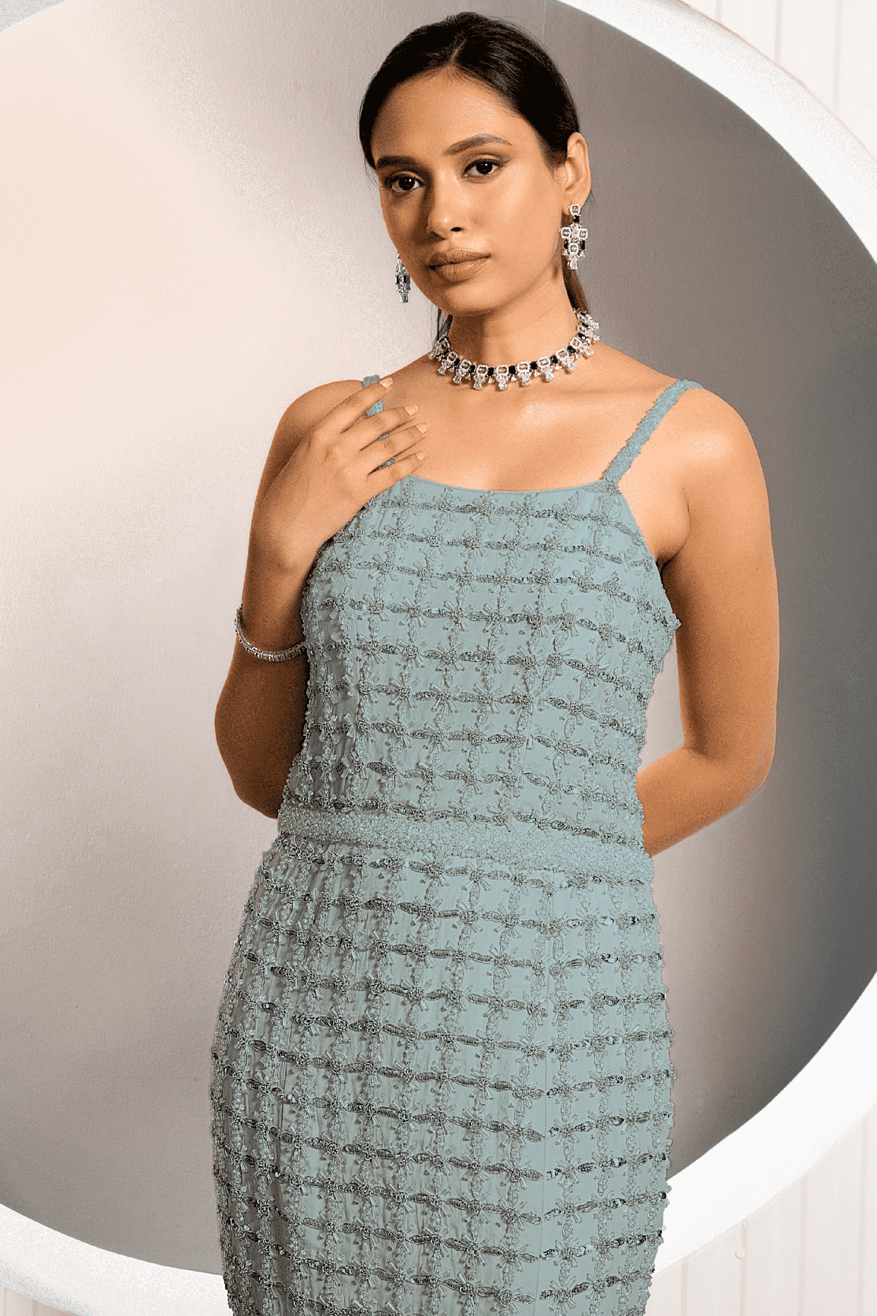 Buy Blue Italian Tulle Hand Embroidered Sequin Plunge V Neck Fish-cut Gown  For Women by Bhawna Rao Online at Aza Fashions.