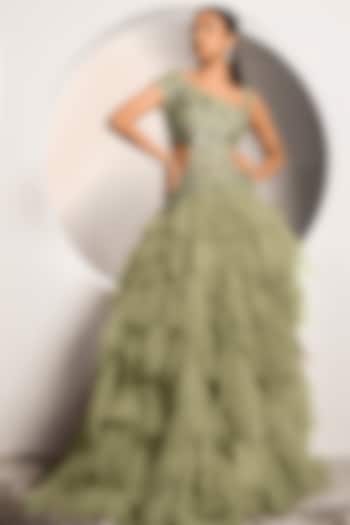 Green Dupion & Net Embroidered Gown by Jade by Ashima