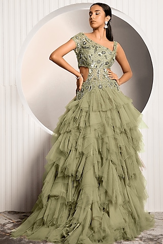 Green Dupion & Net Embroidered Gown by Jade by Ashima