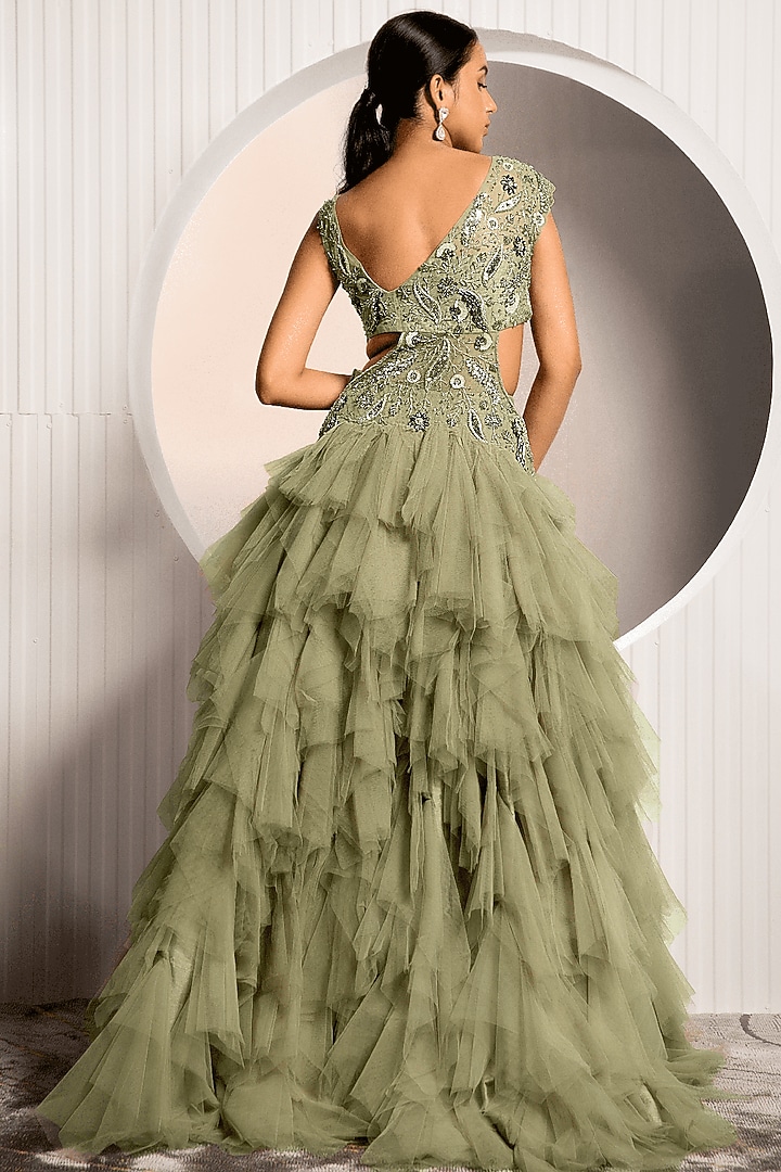 Green Dupion & Net Embroidered Engagement Gown by Jade by Ashima at Pernia's Pop Up Shop