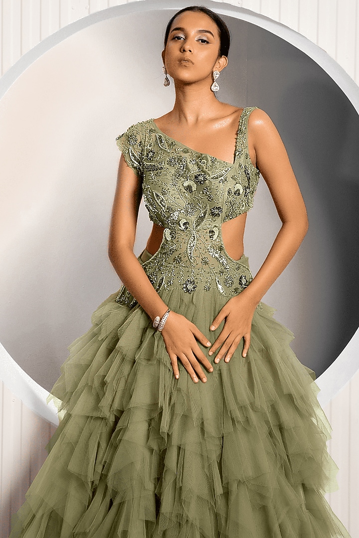 Green Dupion & Net Embroidered Engagement Gown by Jade by Ashima at Pernia's Pop Up Shop
