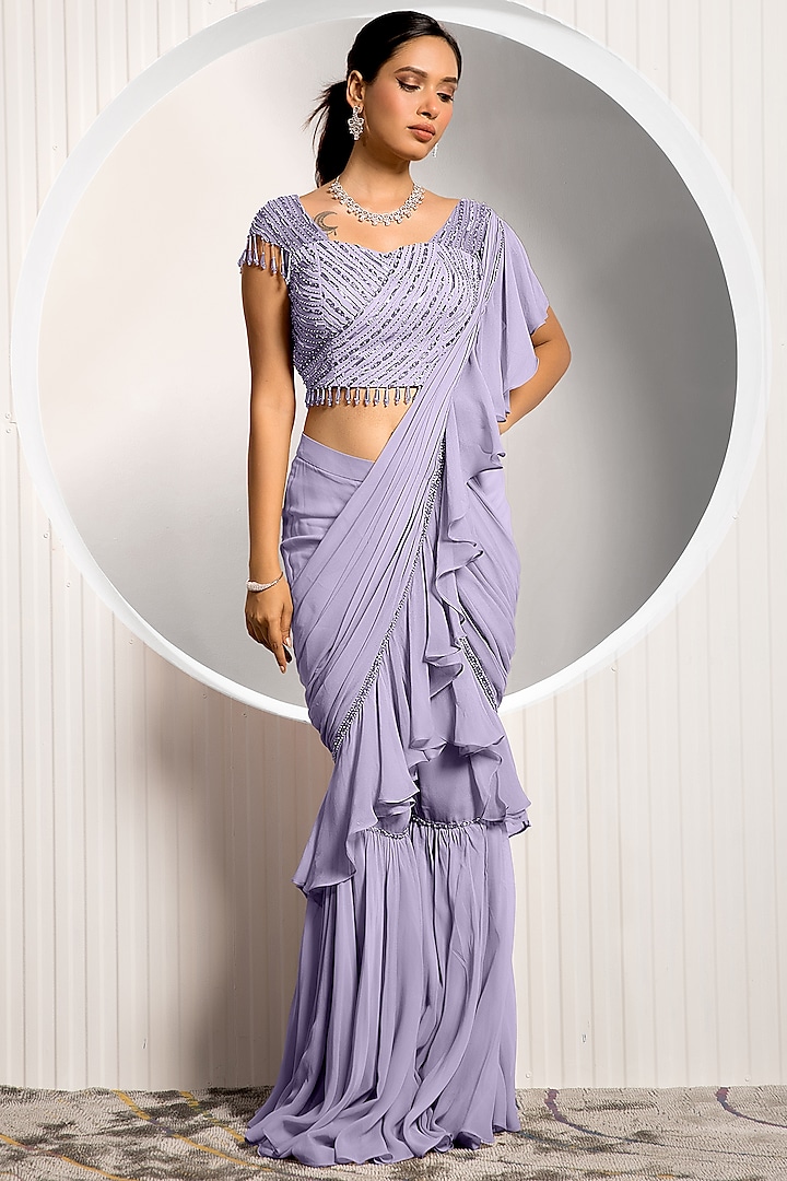 Lavender Georgette Pre-Draped Gharara Pant Saree Set by Jade by Ashima