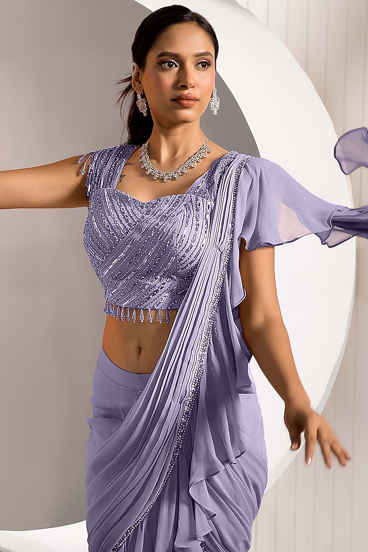 Lavender Georgette Pre-Draped Gharara Pant Wedding Saree Set by Jade by Ashima at Pernia's Pop Up Shop