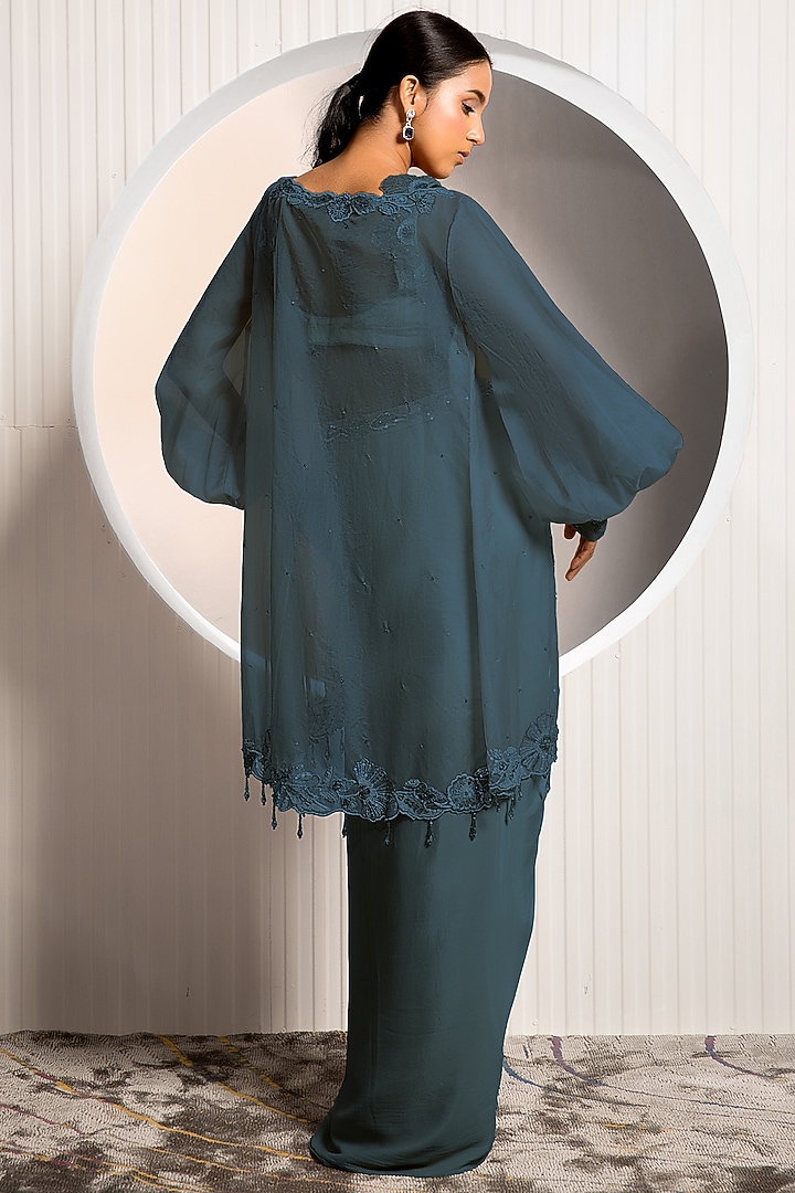 Dark Teal Crepe & Organza Jacket Set by Jade by Ashima at Pernia's Pop Up Shop