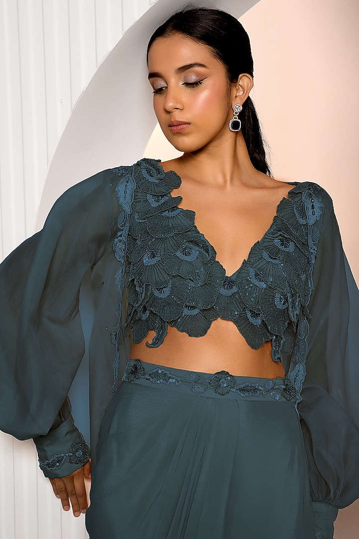 Dark Teal Crepe & Organza Jacket Set by Jade by Ashima at Pernia's Pop Up Shop