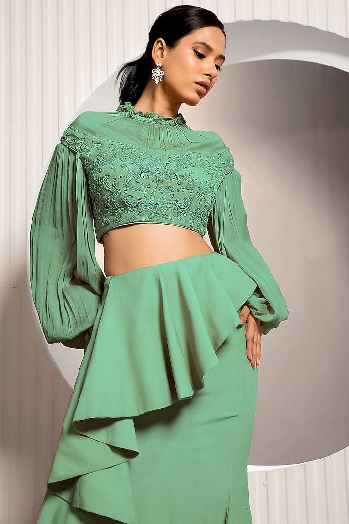 Green Crepe & Chinon Ruffled Skirt Set by Jade by Ashima at Pernia's Pop Up Shop