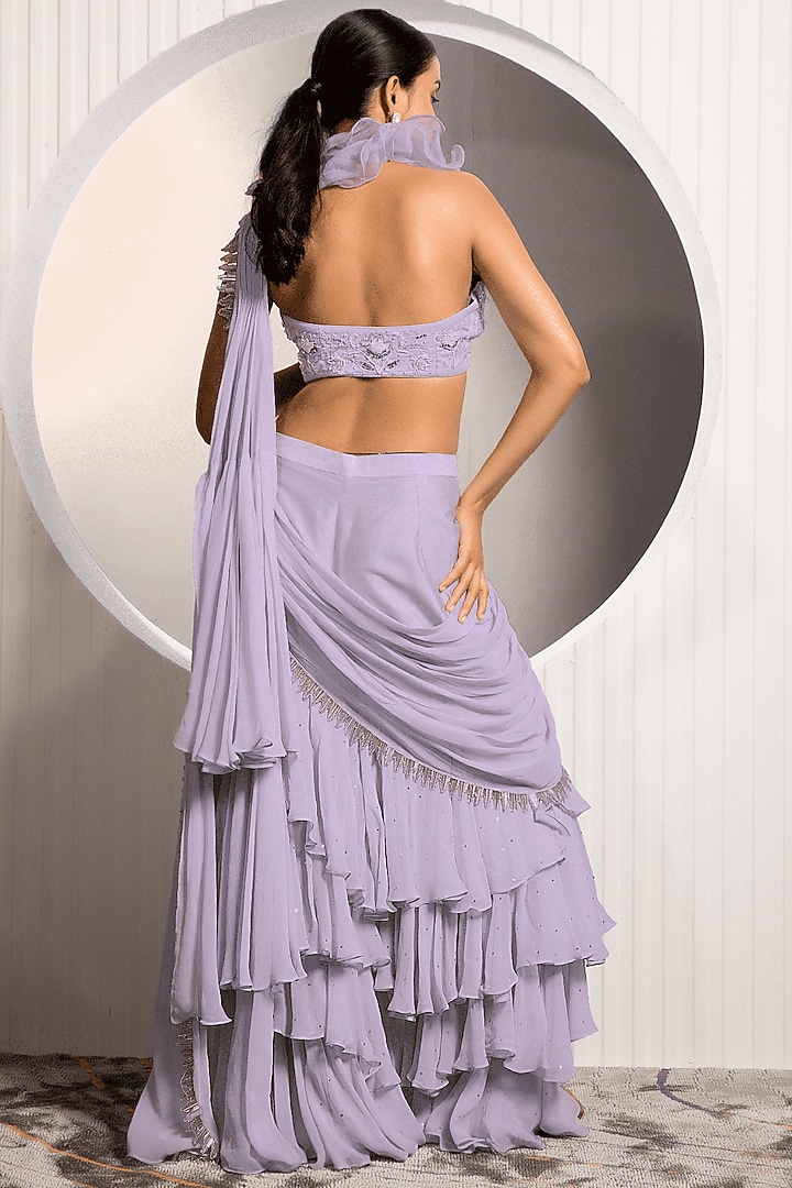 Lavender Georgette Ruffled Pre-Draped Gharara Pant Wedding Saree Set by Jade by Ashima at Pernia's Pop Up Shop