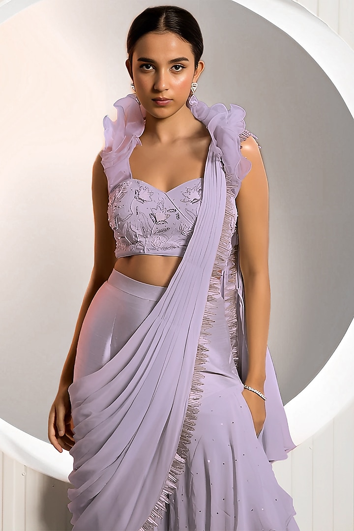 Lavender Georgette Ruffled Pre-Draped Gharara Pant Wedding Saree Set by Jade by Ashima at Pernia's Pop Up Shop