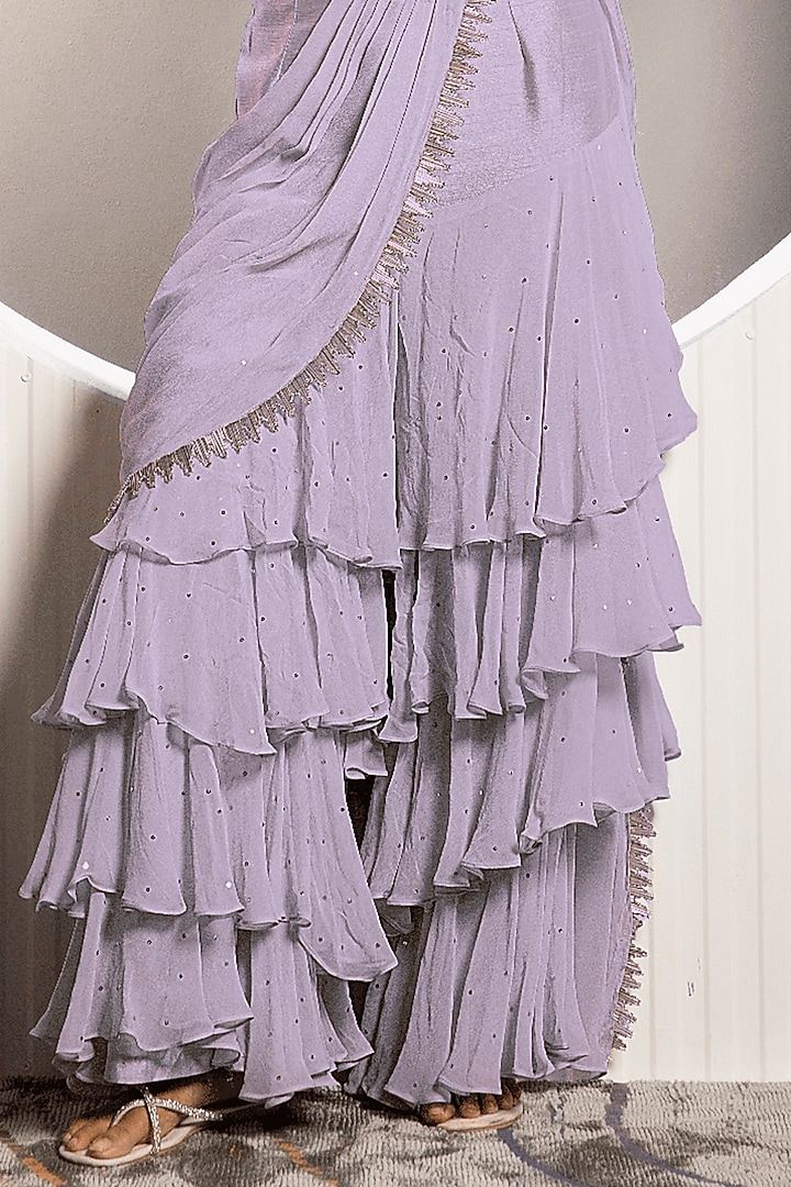 Lavender Georgette Ruffled Pre-Draped Gharara Pant Wedding Saree Set by Jade by Ashima at Pernia's Pop Up Shop