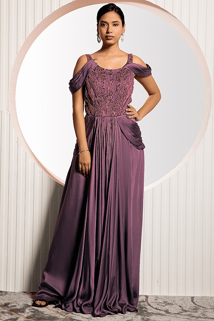 Wine Satin Draped Gown by Jade by Ashima