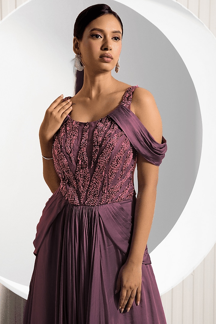 Wine Satin Draped Engagement Gown by Jade by Ashima at Pernia's Pop Up Shop