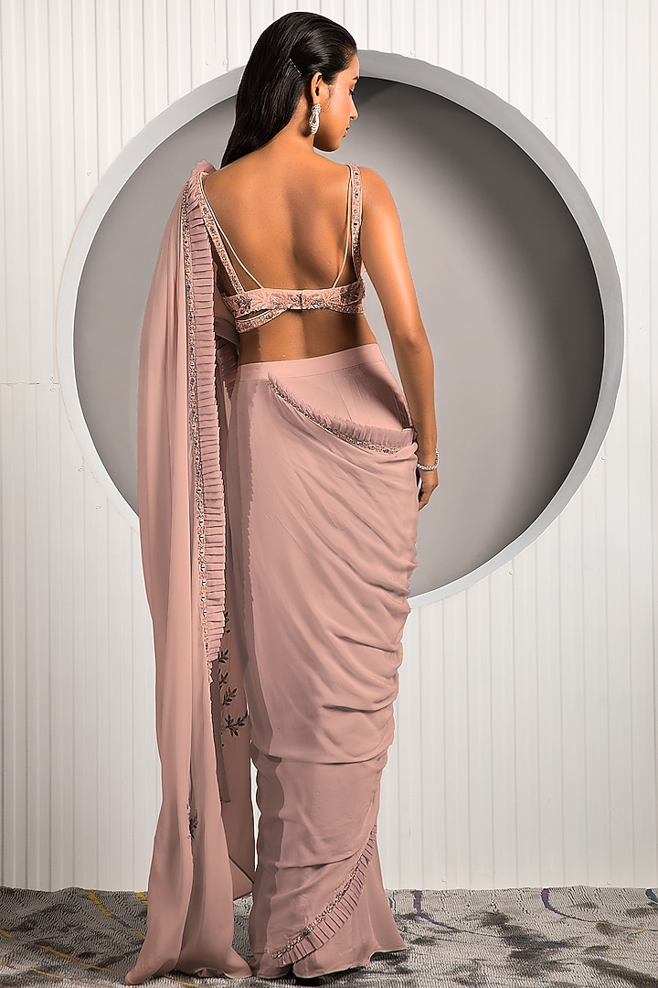 Rust Pink Georgette & Crepe Draped Wedding Saree Set by Jade by Ashima at Pernia's Pop Up Shop