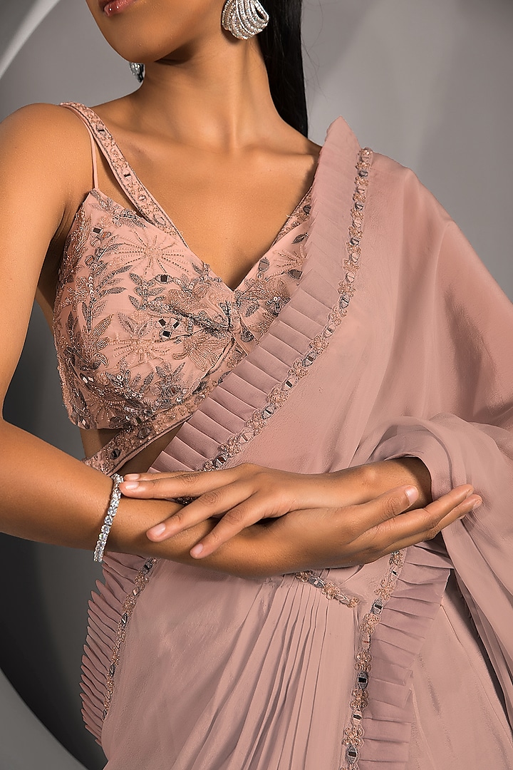 Rust Pink Georgette & Crepe Draped Wedding Saree Set by Jade by Ashima at Pernia's Pop Up Shop