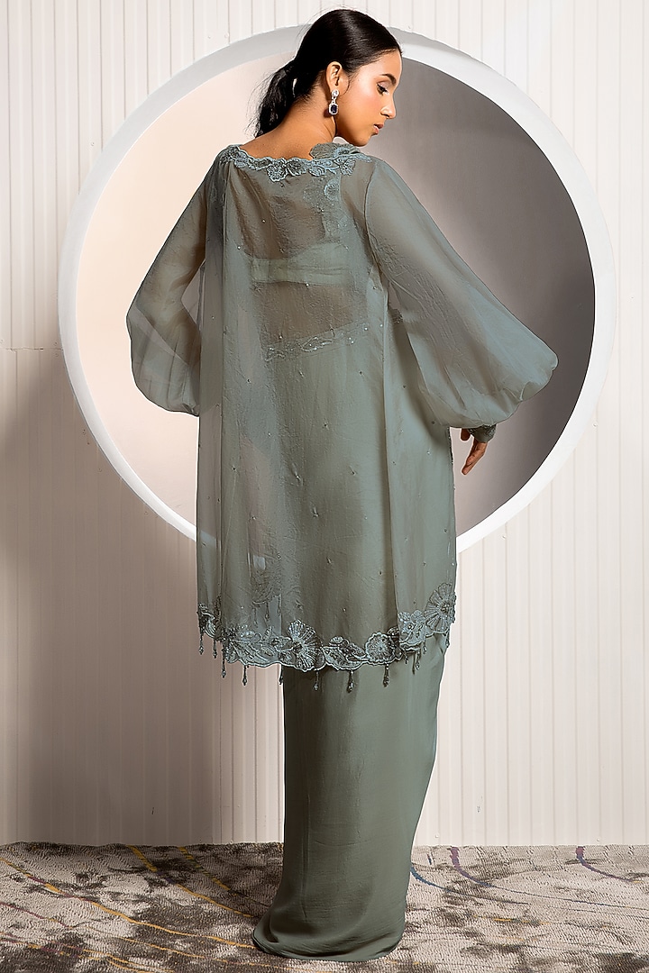 Dark Grey Crepe & Organza Jacket Set by Jade by Ashima at Pernia's Pop Up Shop