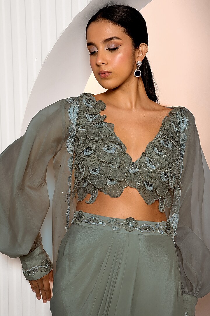 Dark Grey Crepe & Organza Jacket Set by Jade by Ashima at Pernia's Pop Up Shop