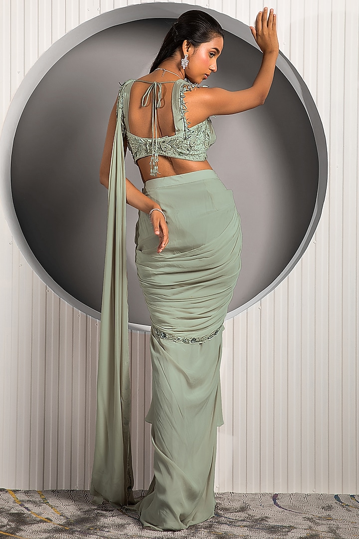 Light Olive Green Crepe Embroidered Draped Wedding Saree Set by Jade by Ashima at Pernia's Pop Up Shop
