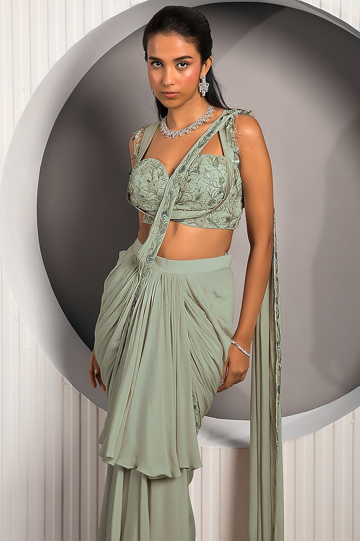 Light Olive Green Crepe Embroidered Draped Wedding Saree Set by Jade by Ashima at Pernia's Pop Up Shop