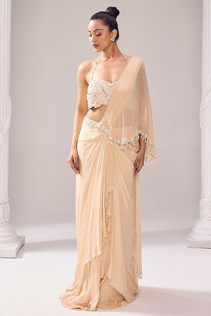 Pale Beige Chinon & Organza Pearl Embroidered Draped Saree Set by Jade By Ashima