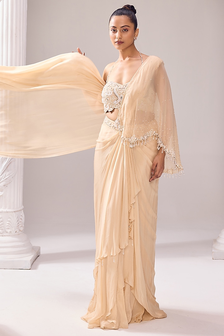 Pale Beige Chinon & Organza Pearl Embroidered Draped Saree Set by Jade ...