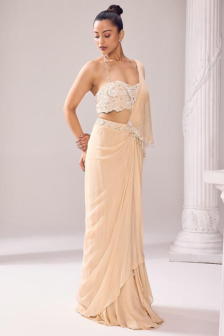 Pale Beige Chinon & Organza Pearl Embroidered Draped Wedding Saree Set by Jade By Ashima at Pernia's Pop Up Shop