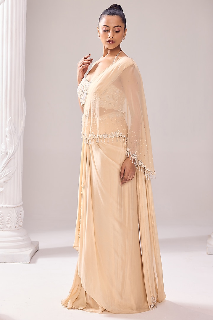 Pale Beige Chinon & Organza Pearl Embroidered Draped Wedding Saree Set by Jade By Ashima at Pernia's Pop Up Shop