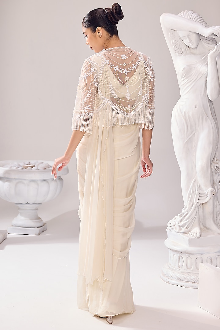 Ivory Organza Scalloped Draped Wedding Saree Set by Jade By Ashima at Pernia's Pop Up Shop