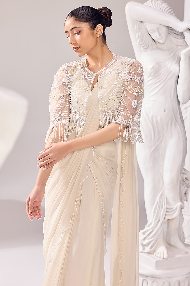 Ivory Organza Scalloped Draped Wedding Saree Set by Jade By Ashima at Pernia's Pop Up Shop