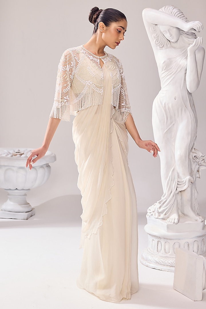 Ivory Organza Scalloped Draped Wedding Saree Set by Jade By Ashima at Pernia's Pop Up Shop