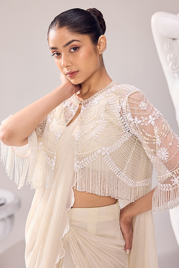 Ivory Organza Scalloped Draped Wedding Saree Set by Jade By Ashima at Pernia's Pop Up Shop