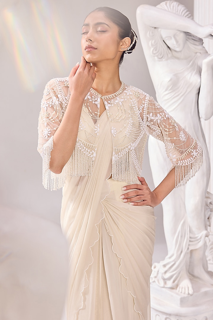 Ivory Organza Scalloped Draped Wedding Saree Set by Jade By Ashima at Pernia's Pop Up Shop
