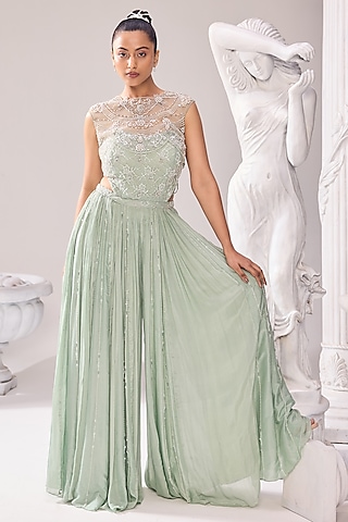Green Net & Chinon Kalidar Jumpsuit With Jacket by Jade By Ashima