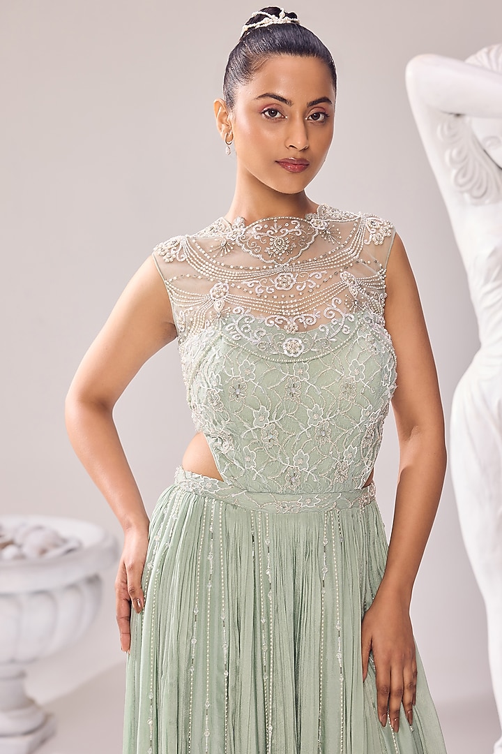 Green Net & Chinon Kalidar Jumpsuit With Jacket by Jade By Ashima at Pernia's Pop Up Shop