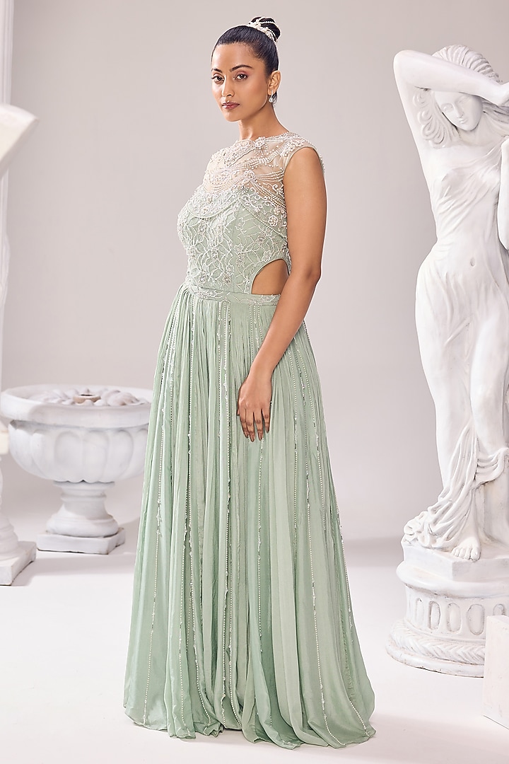 Green Net & Chinon Kalidar Jumpsuit With Jacket by Jade By Ashima at Pernia's Pop Up Shop