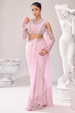 Pink Chinon Cutdana Embroidered Draped Saree Set by Jade By Ashima