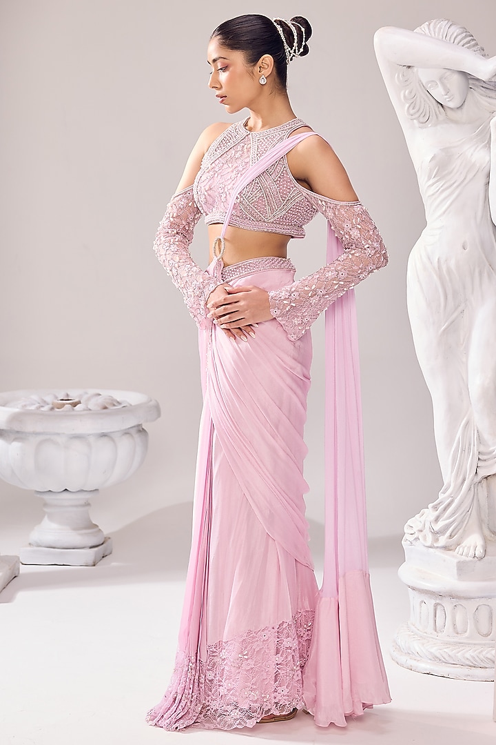 Pink Chinon Cutdana Embroidered Draped Wedding Saree Set by Jade By Ashima at Pernia's Pop Up Shop